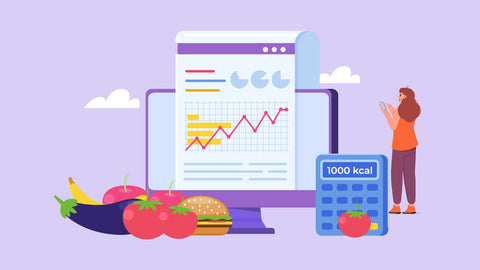 An illustration of tomatoes, aubergines, burgers and a calorie counting calculator and graph.  Introduces the concept of the carbohydrate insulin model for diet and weight loss maintenance 