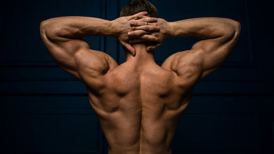 Muscular back against a black background, man is thinking how to get big traps