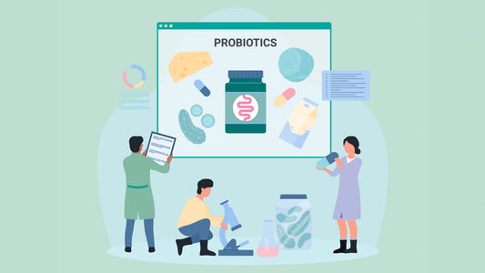 The Ultimate Guide to Finding the Best Vegan Probiotic for 2025. Cartoon tiny people recommend natural fermented food with probiotics and fiber, supplement products improve intestinal microbiome