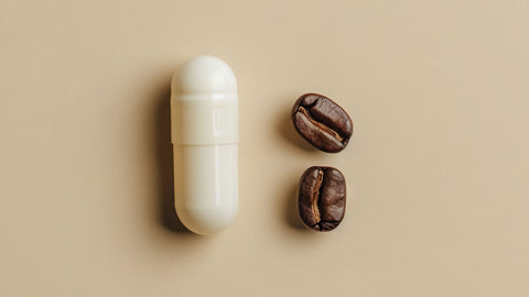 Vitamin C and Caffeine: Can You Take Them Together? A close up of a vitamin C tablet and two coffee beans on a neutral background.